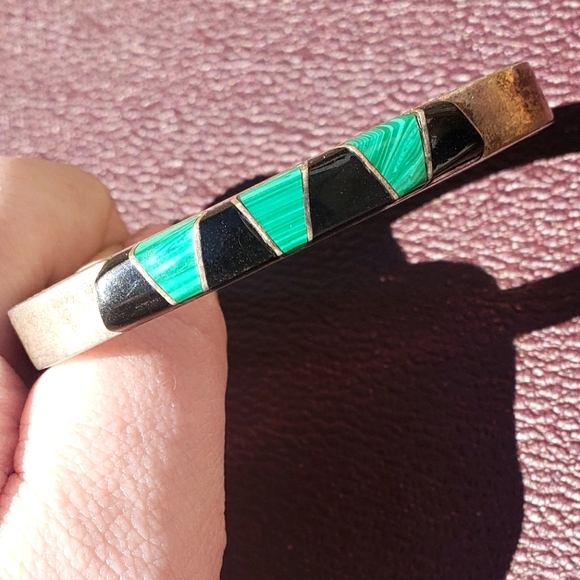 Vintage Sterling Malachite and Onyx Bracelet